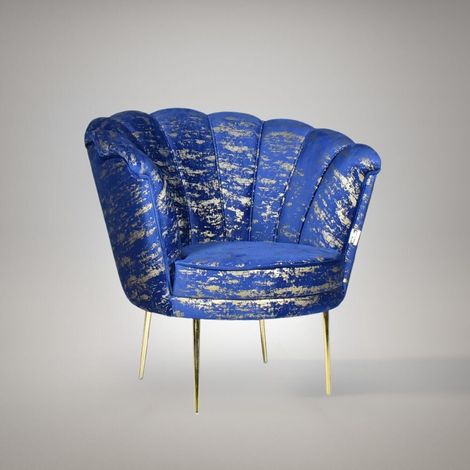 Fauteuil coquille garni de velours bleu et de motifs dorés - Orel (1/5)