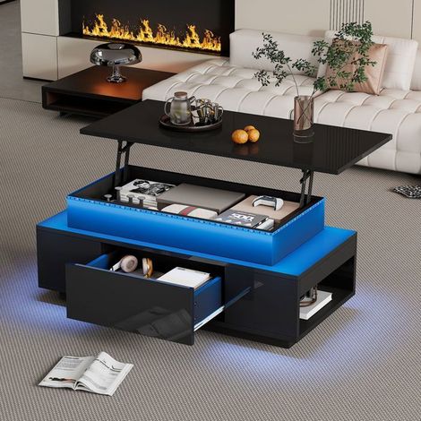 Table basse 100x50x40, noir laqué table basse salon, plateau relevable, rangement intégré, tiroir, LED intégrées (1/5)