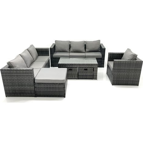 Fimous Ensemble de meubles de jardin en polyrotin 10 places avec Canapé Table basse 3 Tabourets Fauteuil Gris foncé mixte (1/5)