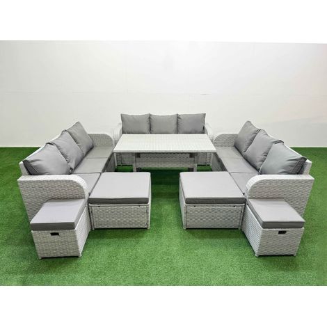 Fimous PE Rattan Lounge Sofa Set 10 Seater Outdoor Garden Furniture Set with Dining Table 3 Seater Sofa 2 Big Footstools Light Grey (1/4)