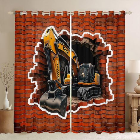 Lot de 2 rideaux de fenêtre pour adultes et enfants - Taille XL - Véhicule de chantier - Rideaux occultants - Rouge briques - 245 x 140 cm - 245x140cm (HxB) (1/5)