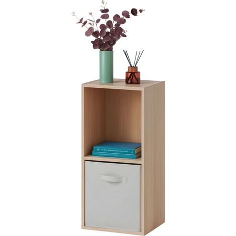 Estantería 2 Cubos Abril, Librería Modular 1 Cajón Tela, Sala de Estar Roble Sonoma y Beige 30x60x28 cm