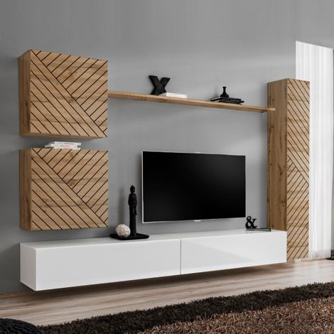 Paris Prix – Ensemble de meubles de salon 280cm – MDF blanc et naturel – Finition mate et brillante – Système d'ouverture push – Fabrication européenne