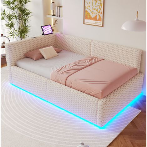 Cama dormitorio tapizada con LED y almacenaje beige OKMYHOME (1/5)