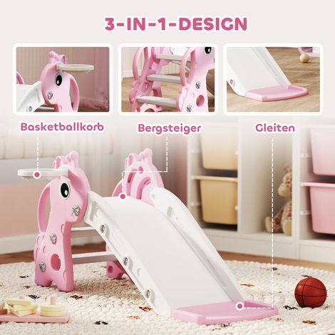 Toboggan 3-en-1 enfant girafe avec panier de basket et ballon rose