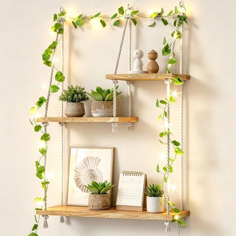 Dreistöckiges Wandregal aus Holz und Makramee mit Ranken Für Sukkulenten, Bücher, Boho-Wanddeko, Wohnzimmer, Küche und Büro (1/5)