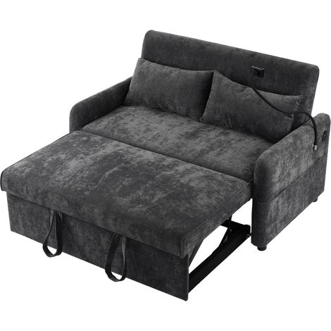 Sofá cama doble convertible de chenilla gris con respaldo ajustable y USB (1/5)