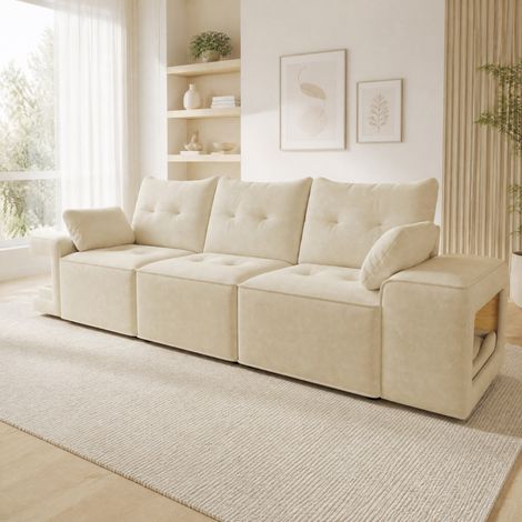 Canapé modulaire 3 places 229,5x78x84 cm en velours beige avec rangement, niches pour animaux et 2 coussins (1/5)