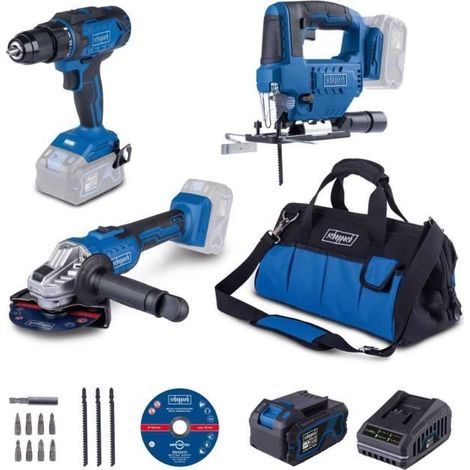 Scheppach – Ensemble d'outils électroportatifs sans fil – Scie, perceuse, meuleuse – 4Ah avec chargeur et accessoires – Pour travaux intensifs (1/2)
