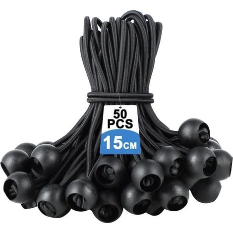 50 elastische Bungee-Seile mit Kugel, Planenspanner, elastisches Bungee-Seil, elastisches Seil, schwarze Stretch-Schlaufen mit Kunststoffkugel (1/4)
