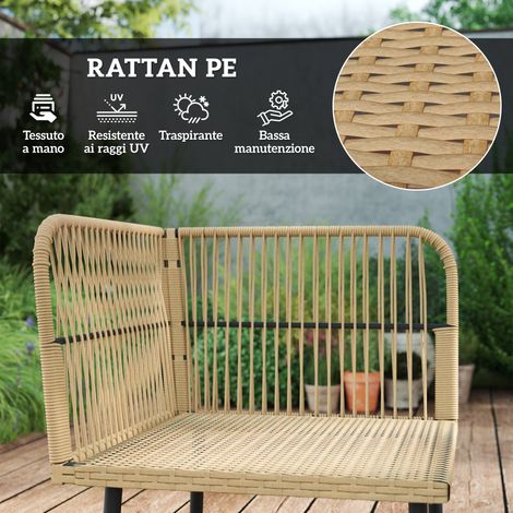 4-teiliges Gartenmöbelset aus Rattan, bestehend aus 2-Sitzer-Sofa, Ecksessel, Glastisch, waschbaren Kissen, Stahlgestell, in Natur und Beige.
