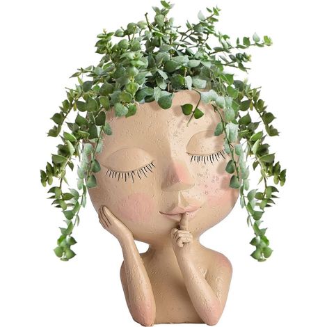 Pot de Fleurs en Forme de Visage avec tête de Pot de Fleurs pour Plantes d'intérieur en résine avec Trou de Drainage. Statue de Femme Mignonne pour décorer, Cadeau Marron Clair (1/5)