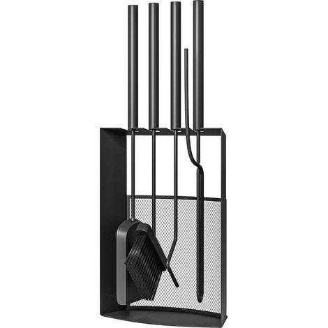5-teiliges Kaminbesteck-Set aus schwarzem Metall mit Bürste, Schaufel, Schürhaken, Zange und Ständer (28 x 13 x 59,5 cm) (1/5)