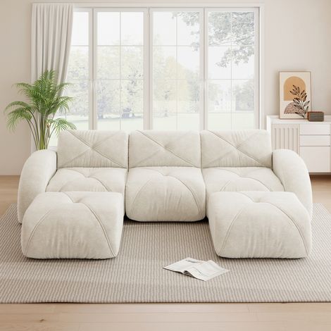 Divano modulare a U a 3 posti con 2 pouf, in ciniglia, senza montaggio, beige chiaro HAVRYA (1/5)