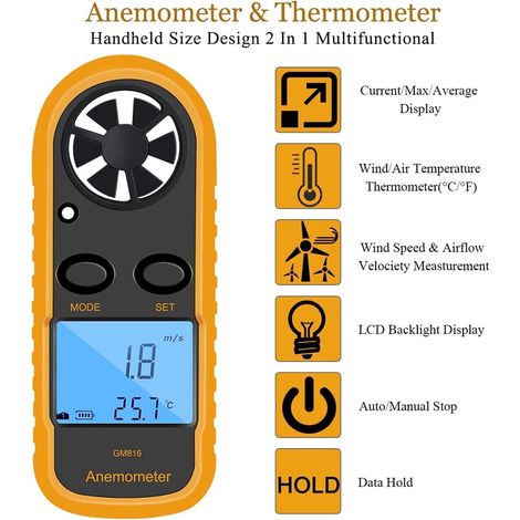 Anémomètre numérique GM816, indicateur vitesse vent, écran LCD, thermomètre portable (1/5)