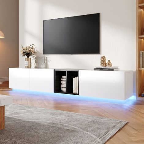 Mueble de TV moderno en blanco y negro con un diseño minimalista que incluye cajones y compartimentos abiertos. Robusto, duradero y fácil de limpiar, aporta un toque de estilo moderno a tu sala de est