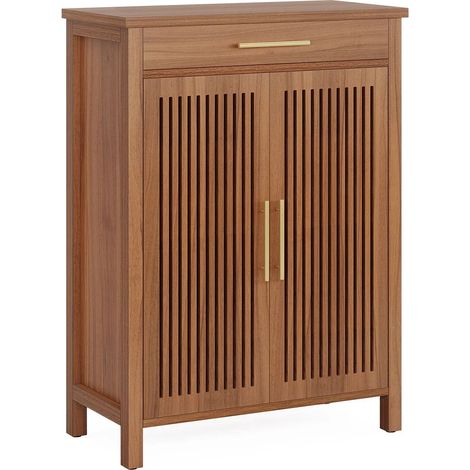 Zapatero de pie de 5 niveles con puertas de lamas y cajón, MDF y metal, marrón (1/5)