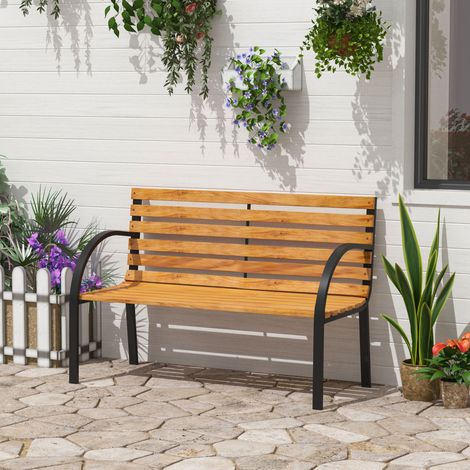 Banc de jardin pour 2 personnes, style rustique-chic, assise et dossier en bois naturel à lattes, structure en acier revêtu d'époxy noir (1/5)