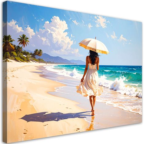 Wandbild Frau mit Sonnenschirm spaziert am Strand 90x60 cm