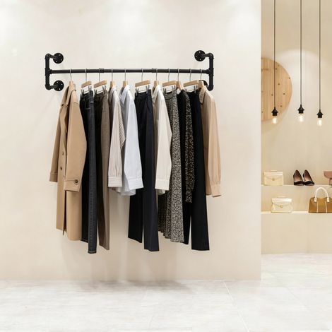 Clothes Rail Wall Mounted Industrial Pipe Clothes Rails Wardrobe Rail Wall Mounted Industrial for Bedroom Living Room Black (1/5)