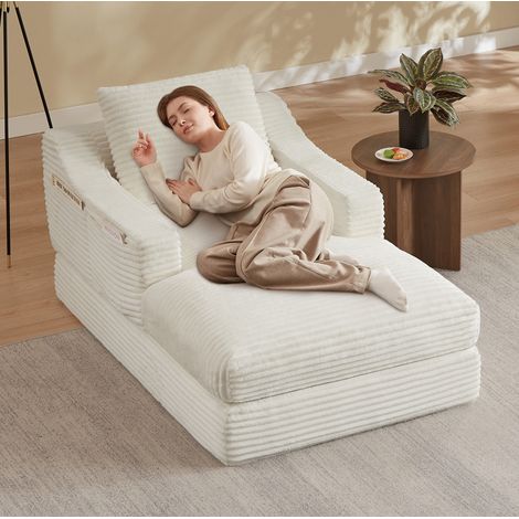REDOM - Fauteuil de détente en velours côtelé - design double couche - convertible en petit lit - mousse - blanc (1/5)