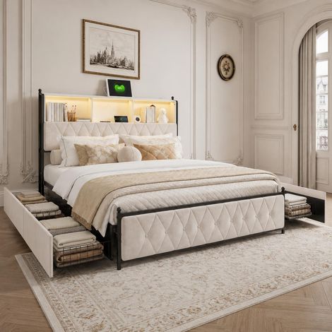 Cama doble 140 x 200 cm con 4 cajones de almacenaje, estructura tapizada con cabecero tipo estantería, iluminación LED y conexión USB, terciopelo acolchado, beige (1/5)