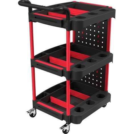 Carro de aluminio 3 niveles 64x48x95,5 cm con panel, ganchos y frenos negro/rojo (1/5)