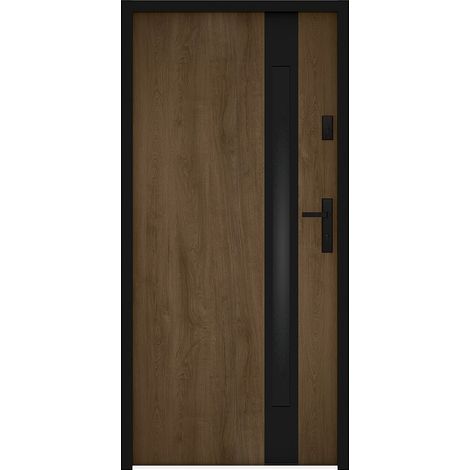 Porte d'entrée en acier pleine et inox H207 x L100 cm - verre fumé - effet noyer et noir - épaisseur 55 mm - poussant gauche - BRAGA