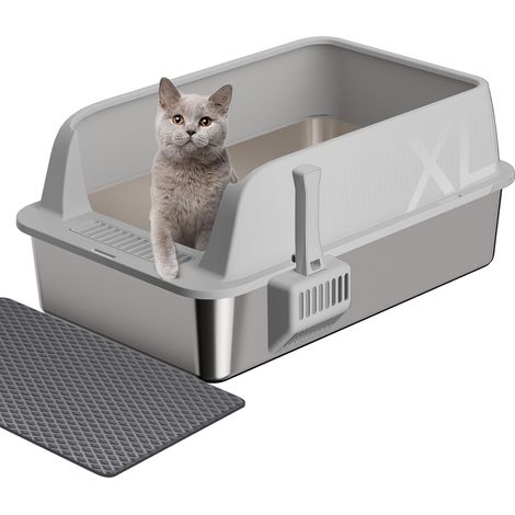 XXL Stainless Steel Cat Litter Tray 35L, Large Capacity Leak-Proof with High Edges, Reduces Odours, Easy to Clean with Scoop and Mat, for Kittens, Big and Large Cats, 58 x 38 x 26 cm (1/5)