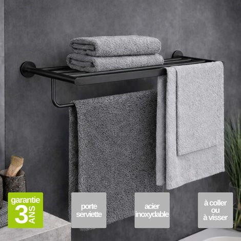 Porte serviettes salle de bain 60cm- acier inoxydable S.304 noir métalisé - Fixation Collée ou Vissée
