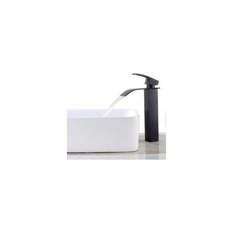 Robinet Lavabo Cascade Noir, Haut Mitigeur Vasque à Poser Salle de Bain, Robinetterie Grand Bec Carré en Laiton, Eau Chaude et Froide Disponible, Hauteur du Bec 260MM H479