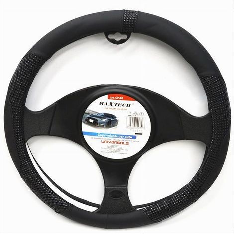 TRADE SHOP - Coprivolante Universale Auto Fodera Protezione Sterzo 38cm Nero Con Rilievi Cv-20 -