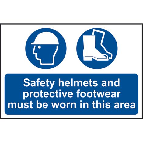 Mandatory Safety PPE Sign: Wear Helmets and Footwear – PVC, 600 x 400mm