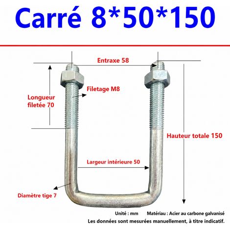 Collier carré à boulon d’angle M8 pour tube 150 mm 50 150 70 299 g – Livraison gratuite