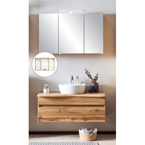 Waschtisch Set VIDAGO-03 in Wotan Eiche Nb. mit Abdeckplatte in Baumkanten Optik und LED Beleuchtung, B/H/T: ca. 101/200/52 cm (1/5)