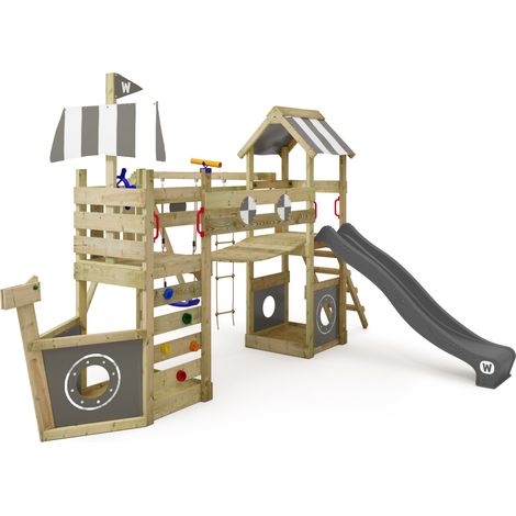 Wickey Spielturm Klettergerüst StormFlyer mit Schaukel & Rutsche, Baumhaus mit Sandkasten, Kletterleiter & Spiel-Zubehör - Anthrazit