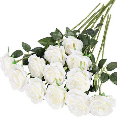 Lot de 10 roses artificielles blanches, fleurs artificielles en soie, pour la décoration de la maison, du jardin et des fêtes. (1/5)