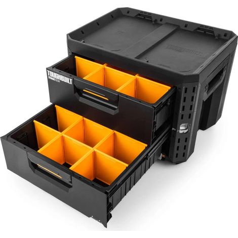 Toughbuilt – Boîte de rangement à 2 tiroirs verrouillables – Plastique haute résistance avec coins en acier – Système de verrouillage coulissant – TBB1D72BEA