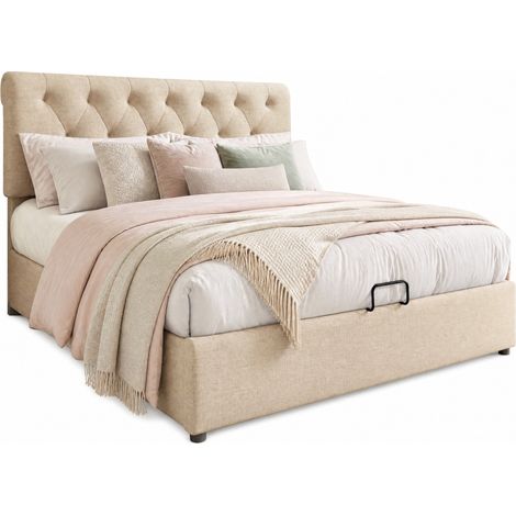 Lit coffre 160x200 en tissu avec tête de lit réglable, sommier à lattes relevable et grand rangement, cadre de lit double sans matelas pour chambre CHICFURN (1/5)