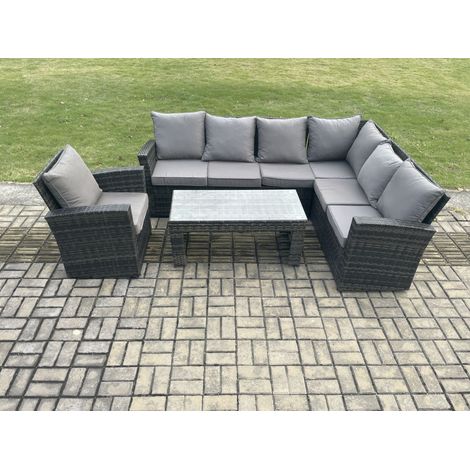 Fimous 7 Seat Rattan Garden Furniture Corner Sofa Set Outdoor Patio Sofa Chair Table Set with Cushions Dark Grey Mixed (1/5)