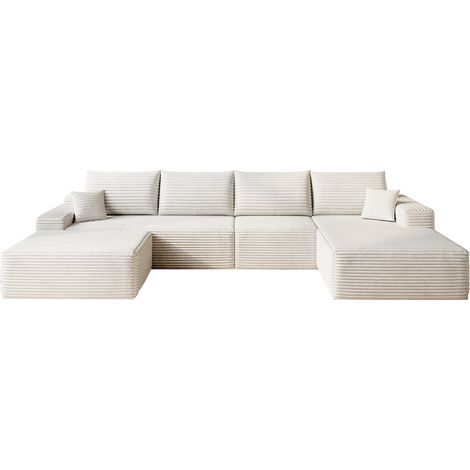 Divano angolare modulare a L 340 cm in tessuto effetto velluto a coste bianco MODENUIT (1/4)