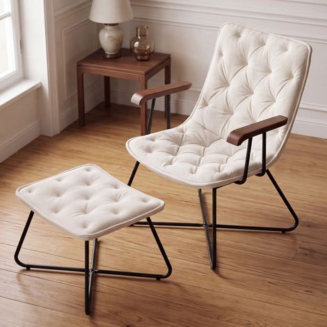 Fauteuil d'appoint avec repose-pieds pour salon, Dossier Ergnomique et Accoudoirs en Noyer, pieds en métal robustes, Chaises d'appoint pour chambre, blanc (1/5)