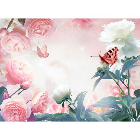 Papier peint panoramique - Fleurs Papillons - 130 cm x 96 cm (1/2)