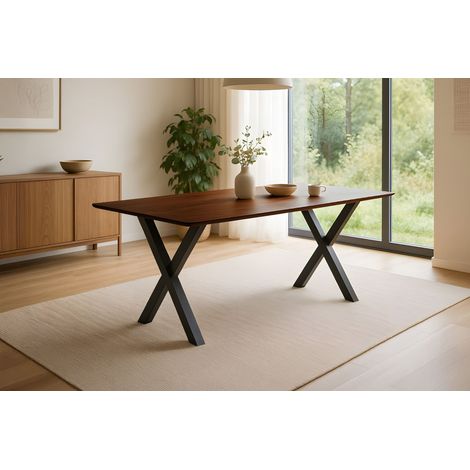 Esstisch 160 x 85 cm Akazie massiv kastanienfarben Schweizer Kante X-Gestell schwarz ROBERTO (1/5)