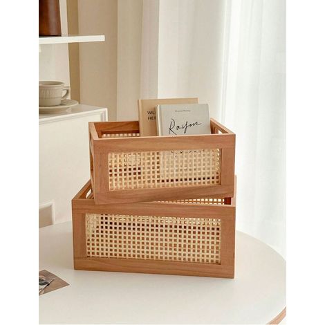 Book Storage Basket Desktop Bamboo Wooden Box Storage Basket Snack Cosmetics Storage Storage Box (1/5)