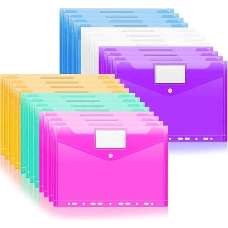 30 cartelline formato A4 trasparenti e perforate in plastica, con chiusura a scatto ed etichetta per documenti, carta e cartoncini (vari colori). (1/5)