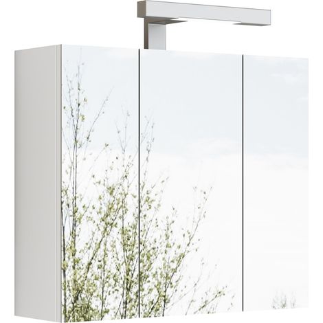 Armoire de salle de bain avec miroir 60 cm, 3 portes, LED et prise française, étagères en verre réglables, prémontée, coloris blanc (1/5)