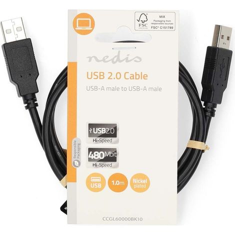 Nedis USB-Kabel / USB 2.0 / USB-A Stecker / USB-A Stecker / 18 W / 480 Mbps / Vernickelt / 1.00 m / Rund / PVC / Schwarz / Label