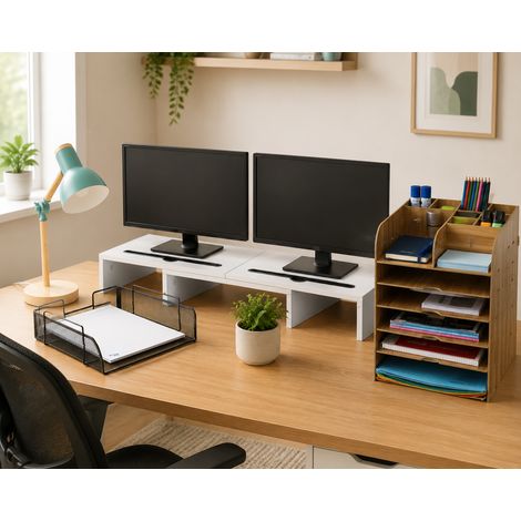 Set per postazione di lavoro con doppio monitor (4 pezzi) – Supporto per monitor, organizer, lampada e vassoio (1/5)