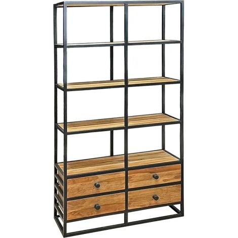 Bibliothèque 175 cm 4 étages 4 tiroirs bois teck et métal – CASSIE (1/5)